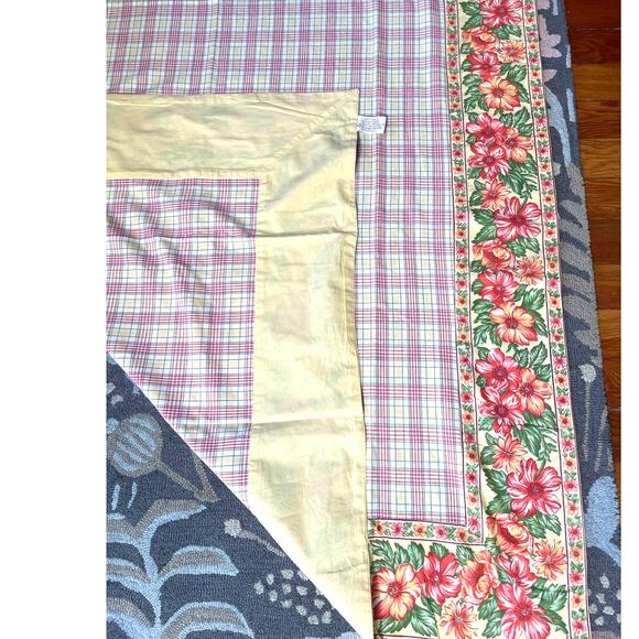 Vintage April Cornell Large Yellow Pink Plaid Floral Tablecloth 94" x 51.5" - Picture 1 of 5